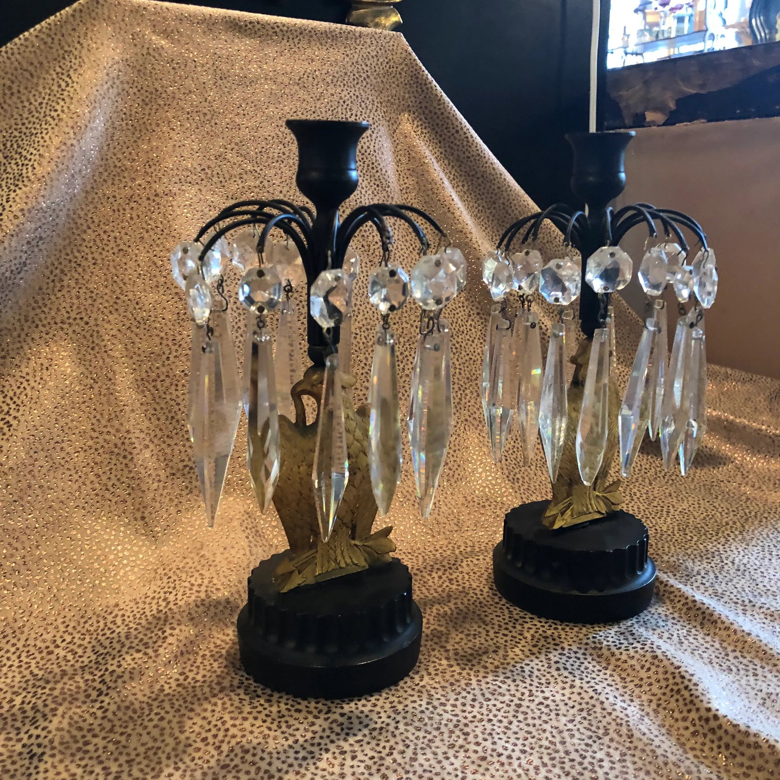 Mid 19th Century French Empire Metal Marble and Gilt Ormolu Eagle Crystal Luster Candle Holders - a - 4