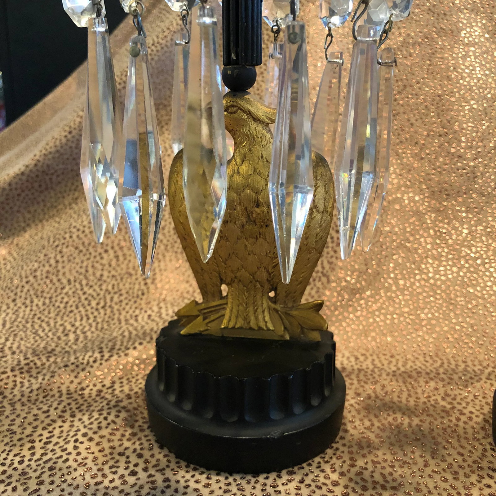Mid 19th Century French Empire Metal Marble and Gilt Ormolu Eagle Crystal Luster Candle Holders - a - 6