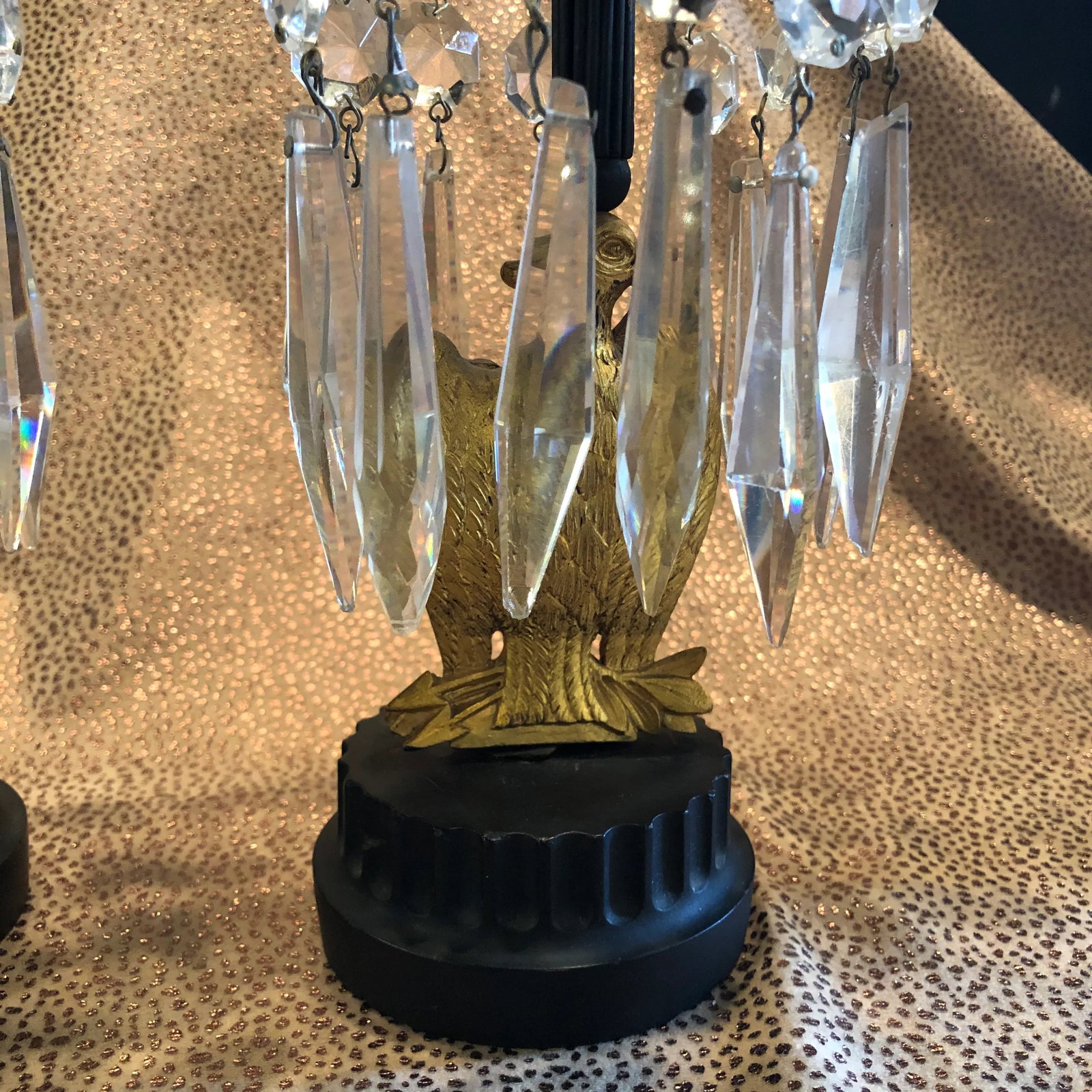 Mid 19th Century French Empire Metal Marble and Gilt Ormolu Eagle Crystal Luster Candle Holders - a - 7