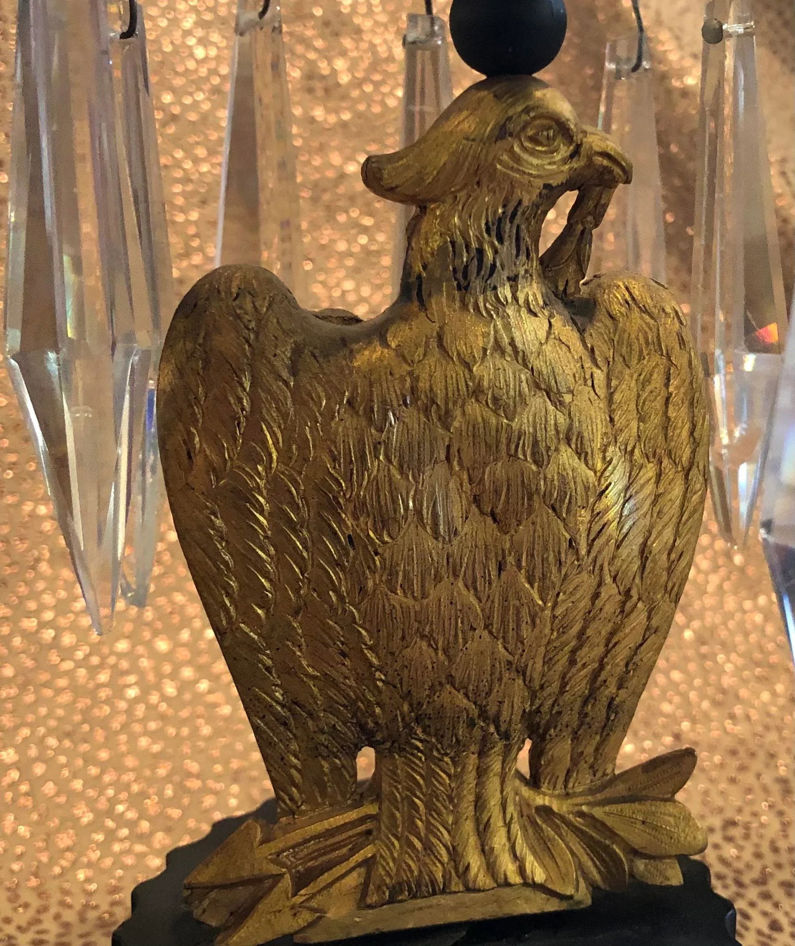 Mid 19th Century French Empire Metal Marble and Gilt Ormolu Eagle Crystal Luster Candle Holders - a - 8