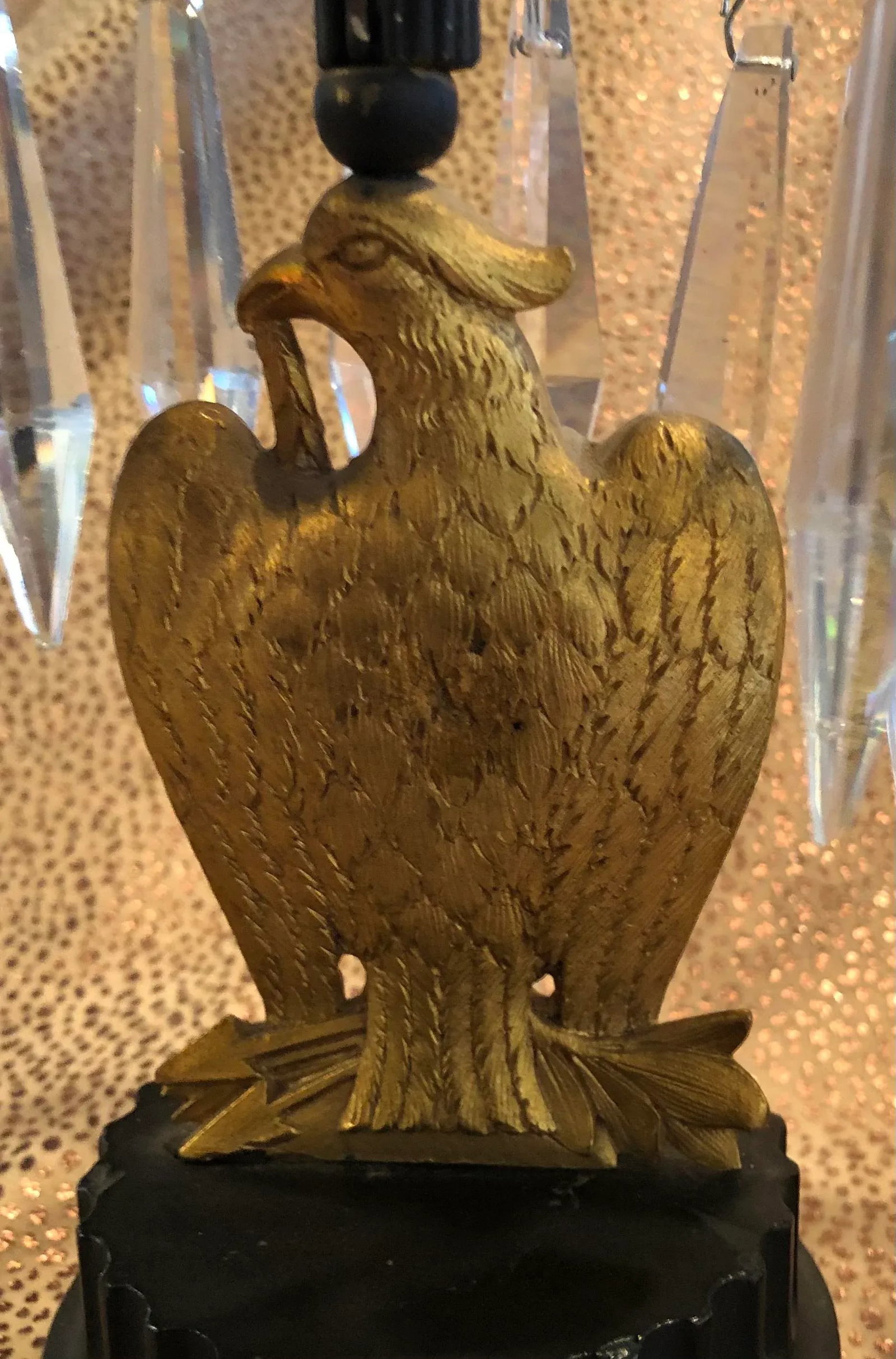 Mid 19th Century French Empire Metal Marble and Gilt Ormolu Eagle Crystal Luster Candle Holders - a - 9
