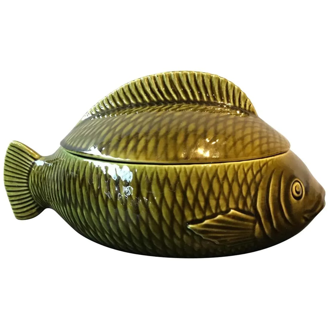 French Green Majolica Fish Tureen by Sarreguemines - 11