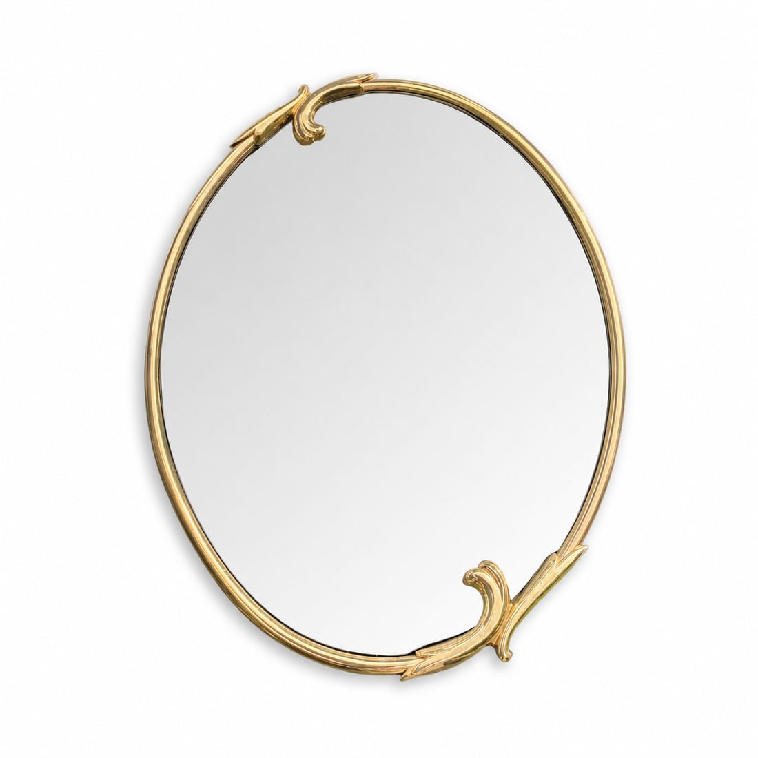 Mid-Century Italian Design Gold Oval Wall Mirror: Italian design mid-century gold wall mirror. Oval shape with gold details - excellent condition. 34h 25w 1d Condition: Alterations: Original Condition Unaltered Imperfections: Some Imperfections Condi
