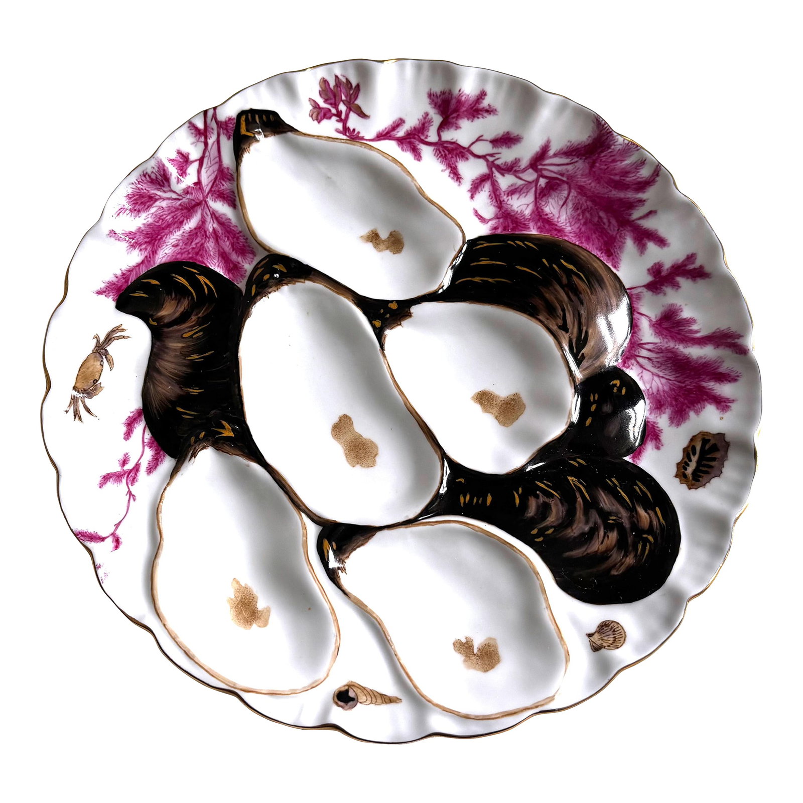 Antique Limoges Hand-Painted Oyster Plate - French Porcelain, Sea Life Motif, C. Late 19th Century: Bring elegance and history to your table with this exquisite late 19th-century French Limoges oyster plate. This beautifully sculpted porcelain piece features five wells for oysters, each