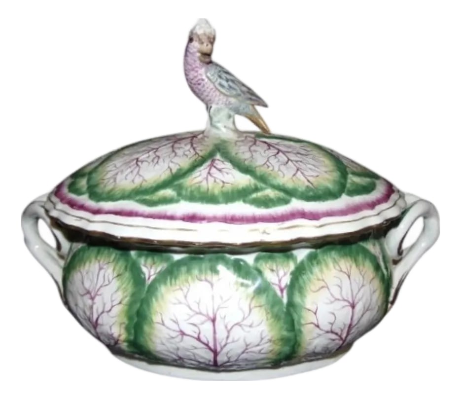 Vintage Mottahedeh Cabbage Leaf Tureen With Parrot Knob Made in Italy: A gorgeous, vintage Italian tureen by Mottahedeh. Features a richly hued cabbage form tureen adorned with a sculpted parrot head finial. Labeled "Mottahedeh" you can the verso. Made in Italy.