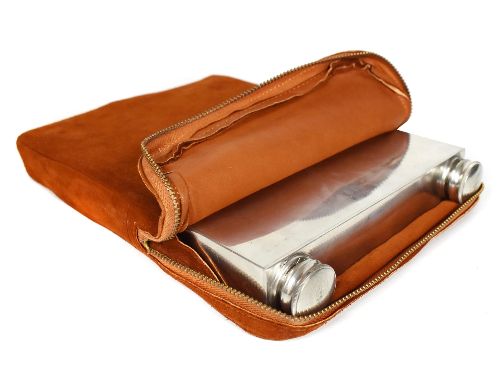 Early 20th Century Silver Plated Abercrombie & Fitch Double Divided Flask With Leather Case, England - 13