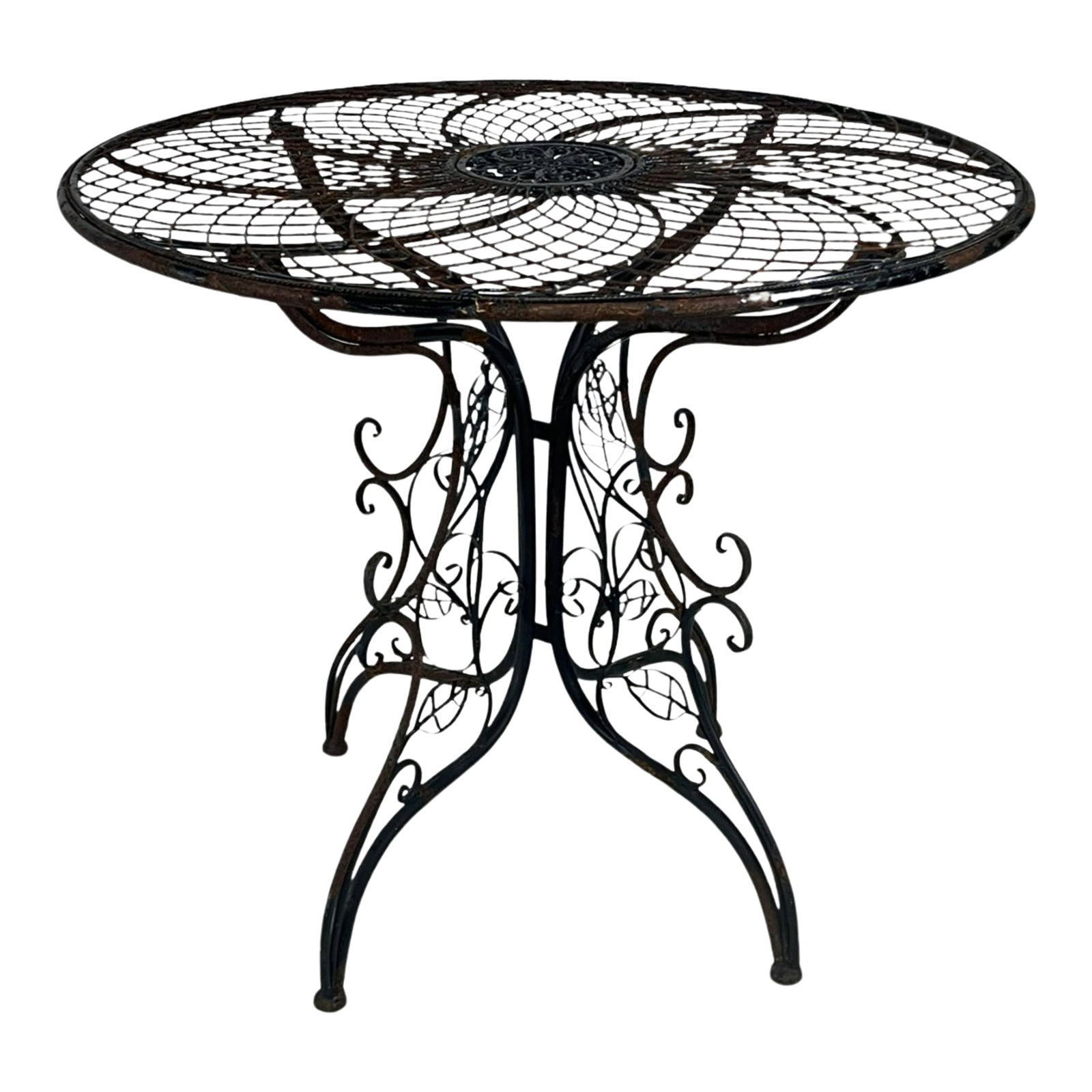Vintage Ornate Metal Outdoor Table: This refined vintage metal table exemplifies classical European design principles with its sophisticated French Provincial and Victorian influences. The meticulously crafted scrollwork base and