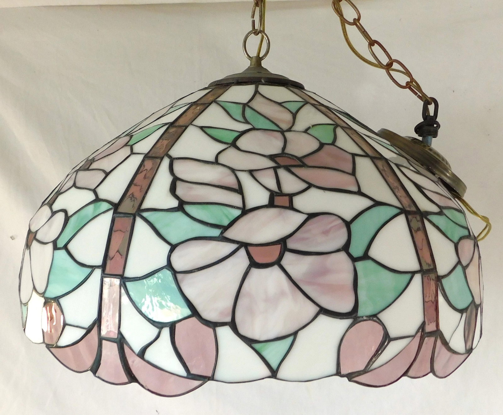 Mid 20th Century Pink Green & White Floral Stained-Glass Chandelier - 10