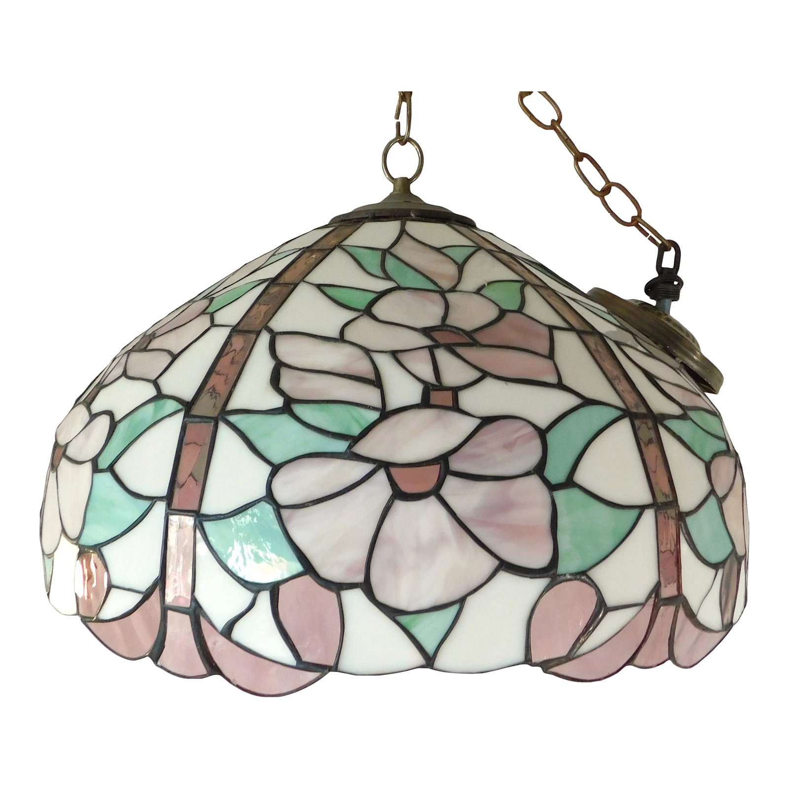 Mid 20th Century Pink Green & White Floral Stained-Glass Chandelier: Gorgeous large mid-century pink, green, and white floral stained glass hanging chandelier. Large, round, white milk glass cover as shown. Chain and ceiling cover included. Works beautifully. Wonderful