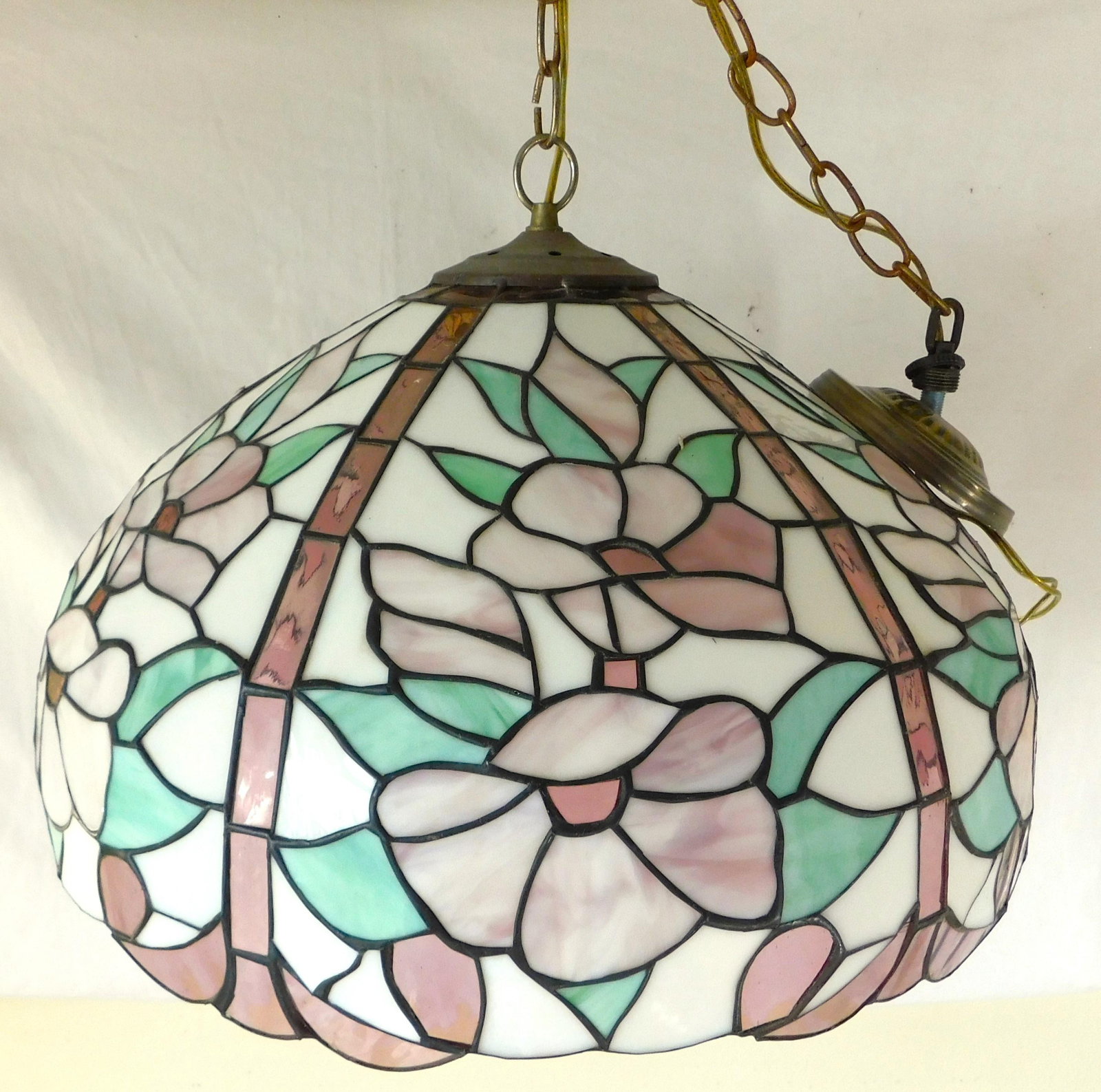 Mid 20th Century Pink Green & White Floral Stained-Glass Chandelier - 2