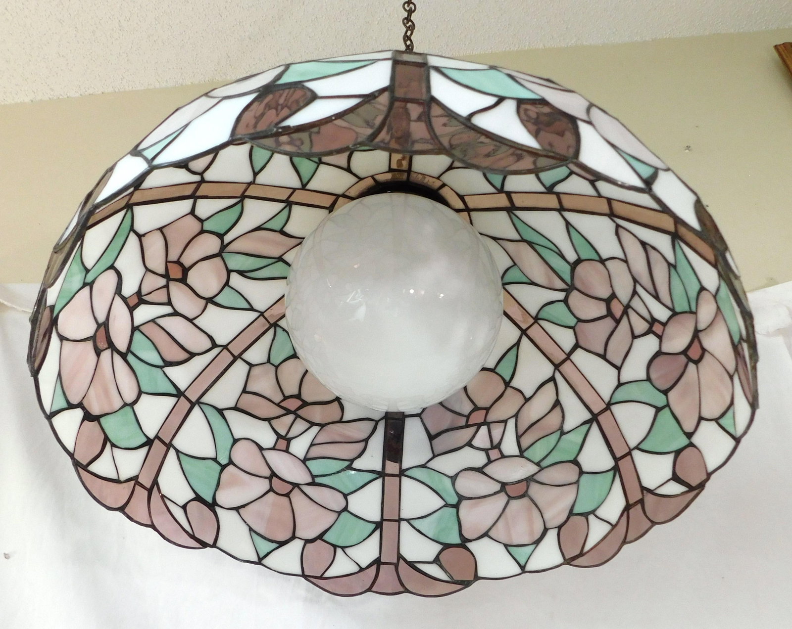 Mid 20th Century Pink Green & White Floral Stained-Glass Chandelier - 3