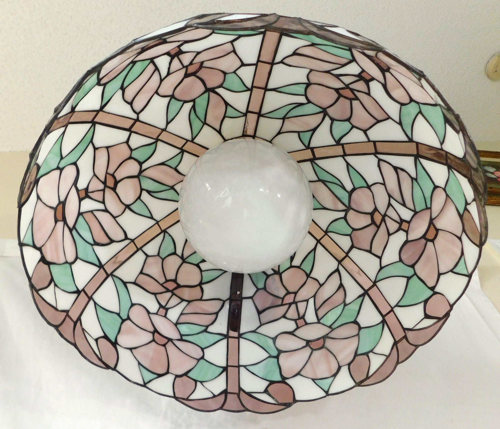 Mid 20th Century Pink Green & White Floral Stained-Glass Chandelier - 5