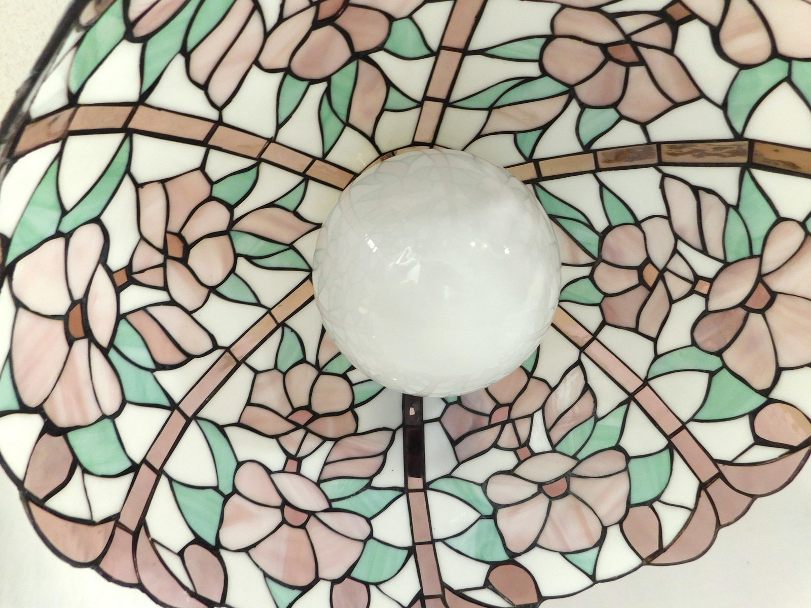 Mid 20th Century Pink Green & White Floral Stained-Glass Chandelier - 6