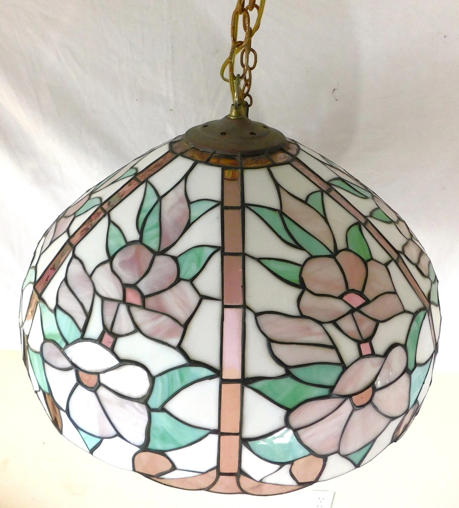 Mid 20th Century Pink Green & White Floral Stained-Glass Chandelier - 8