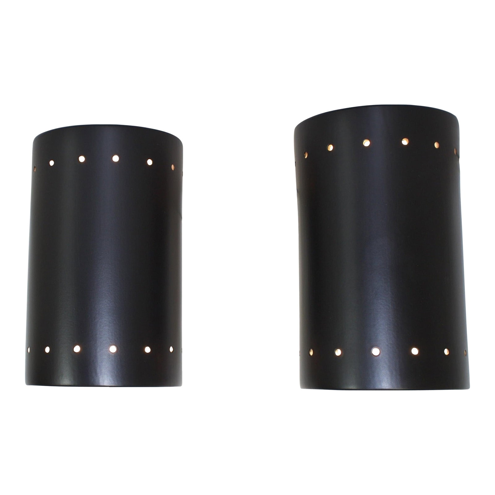 Pair 1980s Black Ceramic Wall Sconces by Justice Design: Price is for the pair. Hand crafted ceramic cylinder wall sconces made by Justice Designs LLC Los Angeles. One end is open, allowing light to direct up or down depending on your needs. Hard wire insta