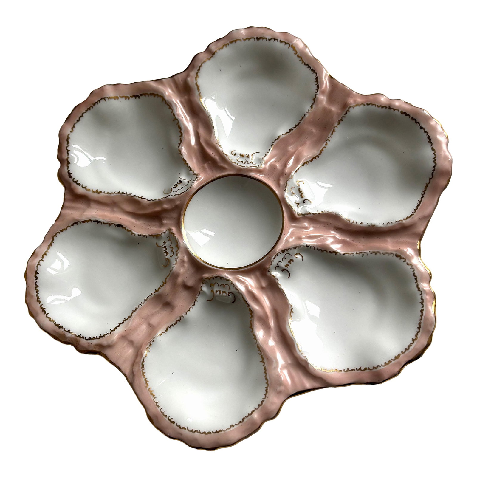 Antique Haviland & Co. Limoges Oyster Plate - Blush Pink & Gilt, France, C. 1880-1900: Elegance meets artistry in this antique oyster plate from Haviland & Co., Limoges, France, circa 1880-1900. This refined porcelain piece features six deep wells delicately framed in hand-painted