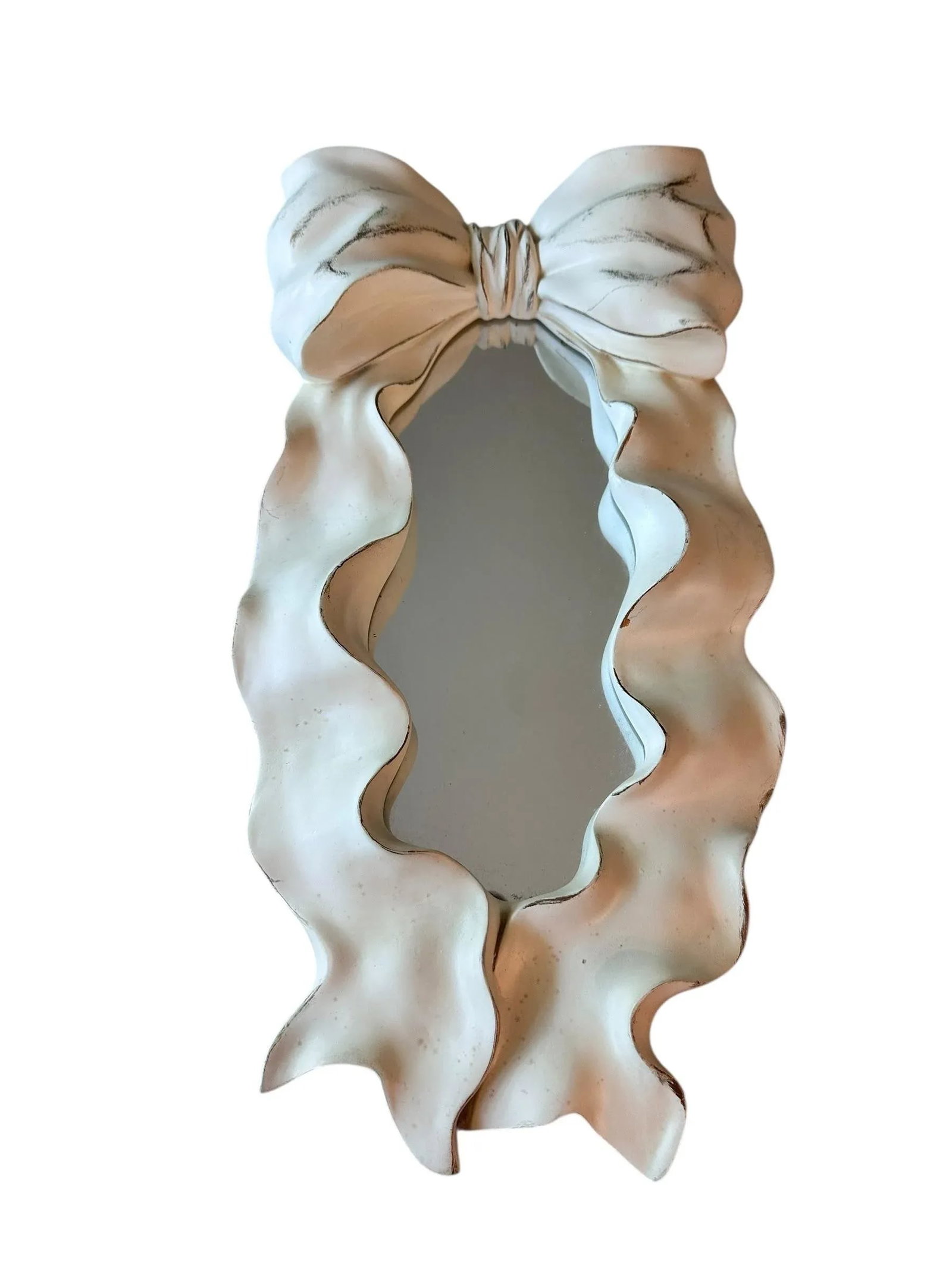 1980s Pair of Italian Hollywood Regency Gesso Ribbon Bow Scalloped Mirrors in Distressed Cream, Shab - 3