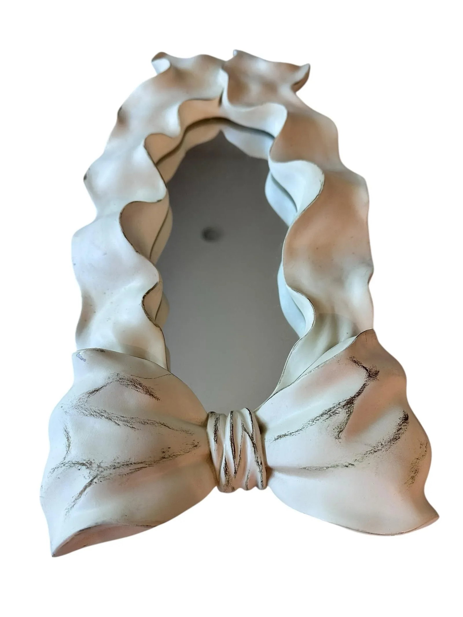 1980s Pair of Italian Hollywood Regency Gesso Ribbon Bow Scalloped Mirrors in Distressed Cream, Shab - 4