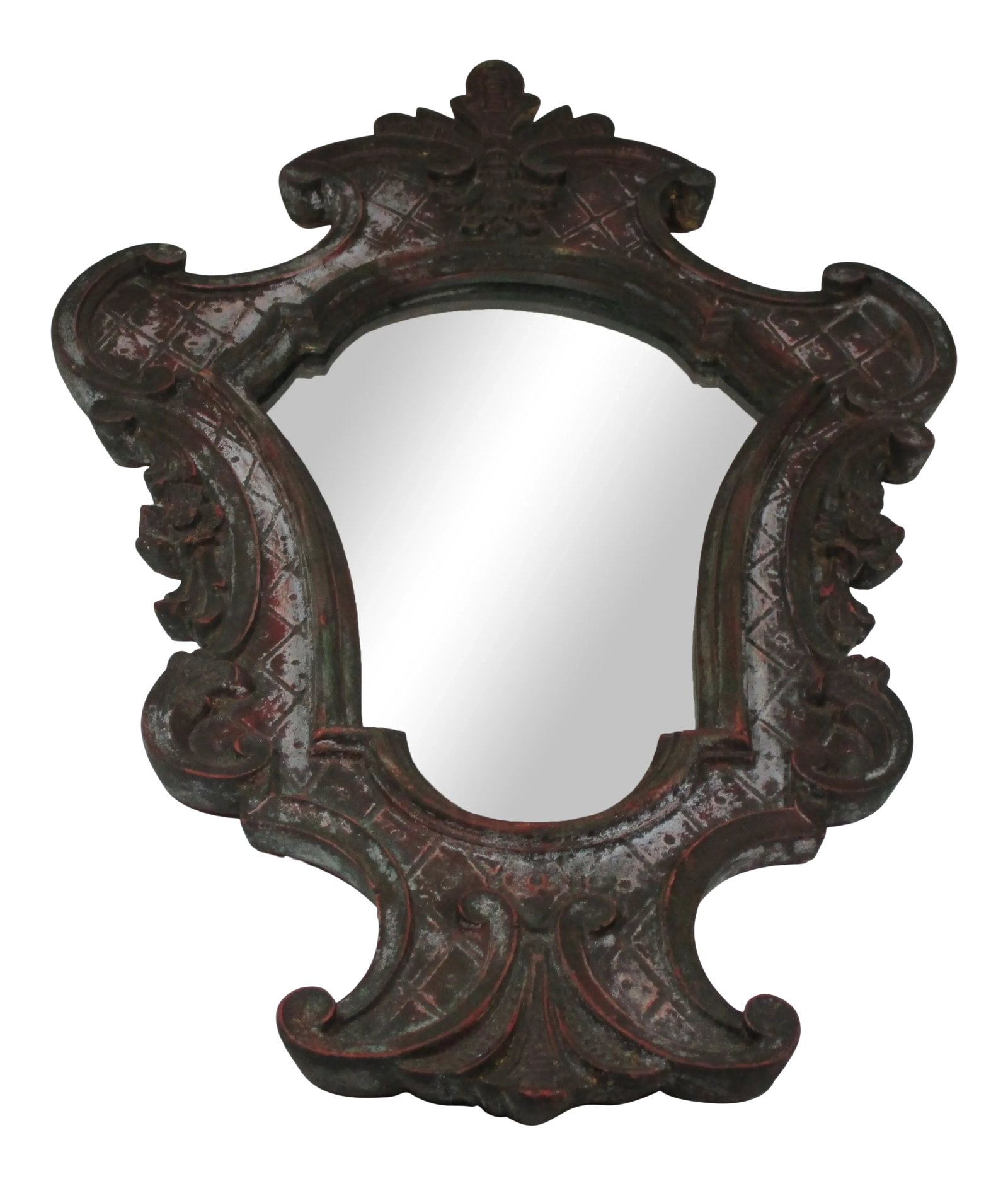 1960s Italian Venetian Style Mirror Made by Palladio: Vintage Venetian style Italian mirror made by Palladio. The frame has a walnut finish with maroon rub thru and a cream wash. It has deep carved details of scrolls, flowers and fleur-de-lis. This