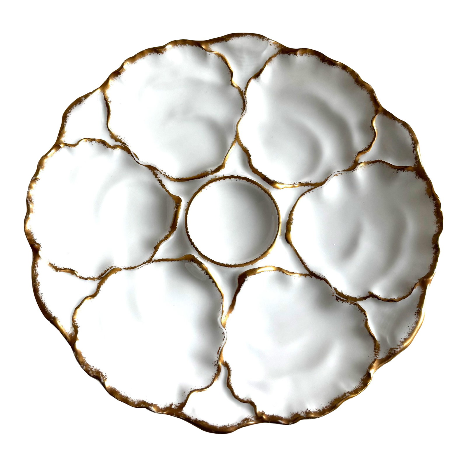 Antique Limoges Gilt Oyster Plate by C. Ahrenfeldt - France, C. 1890-1910: Elevate your entertaining with this elegant antique oyster plate by C. Ahrenfeldt, Limoges, France, crafted circa 1890-1910. This refined porcelain piece features six molded oyster wells and a center
