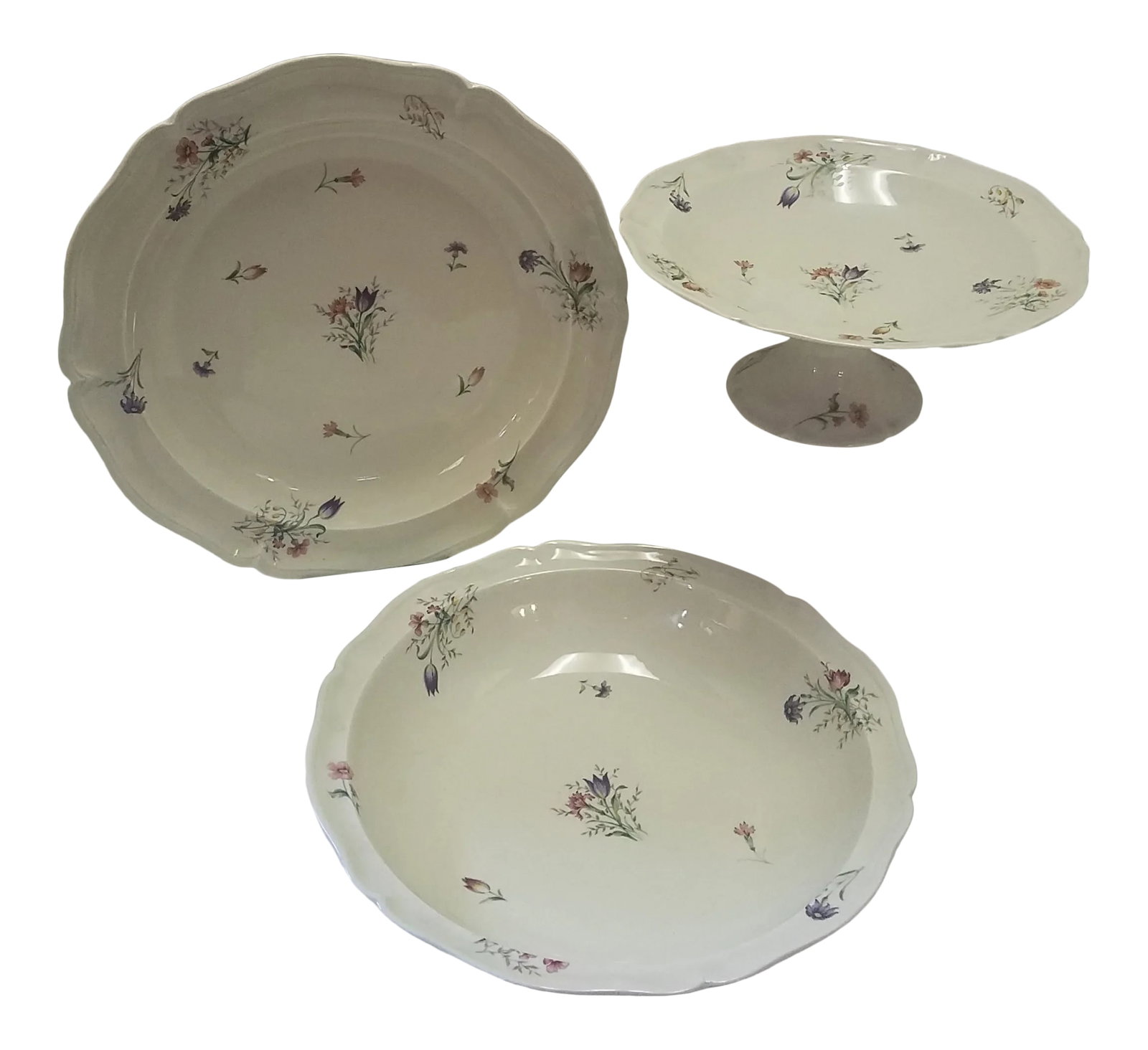 Mid 20th Century French Limoges Serving Pieces - Set of 3: Set of vintage French Limoges dinnerware. See Makers Marks on the back of the pieces. Purchased from the Brittany region of France. Beautifully hand painted with scattered flowers in shades of pink