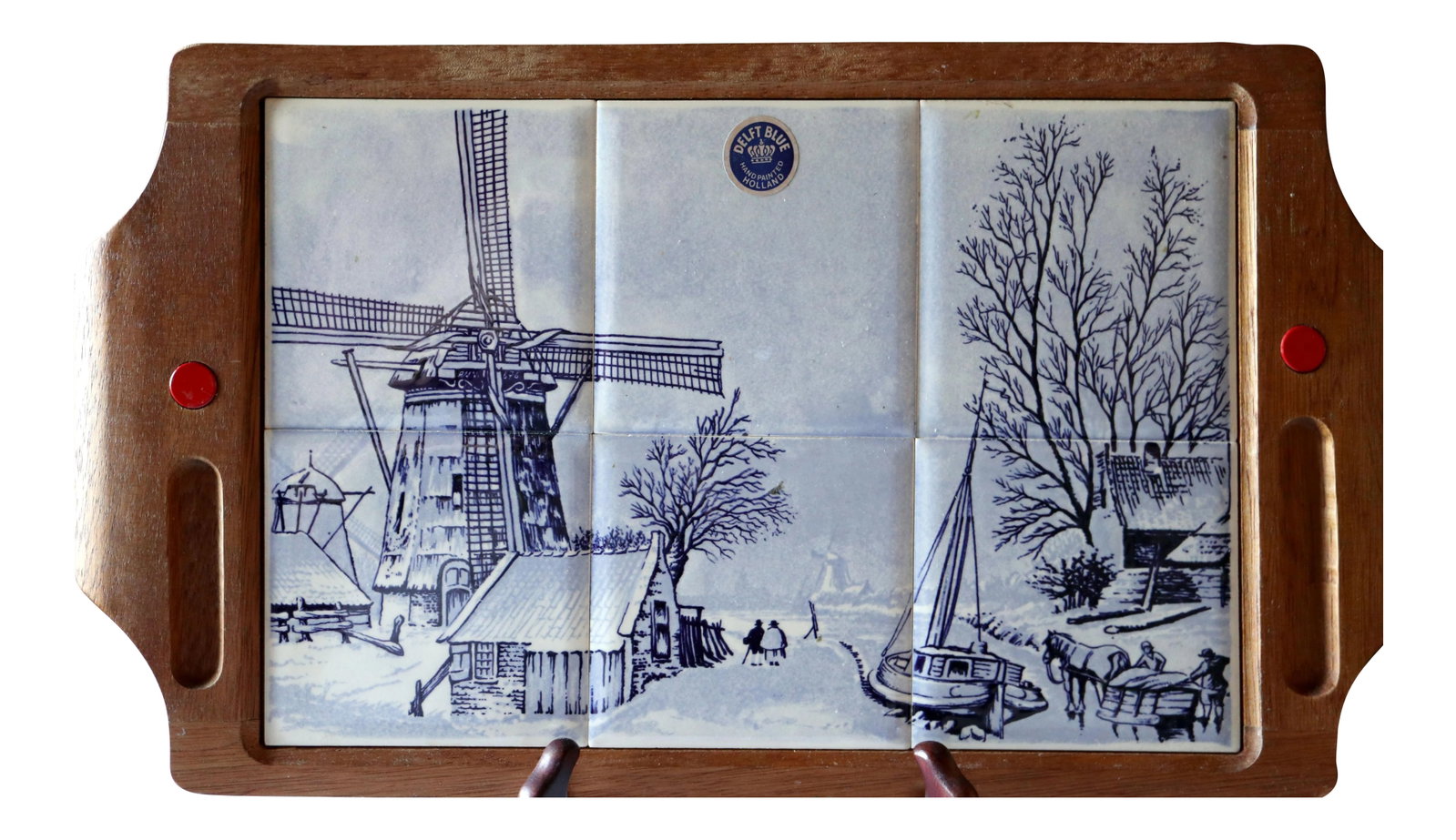 Hand Painted Vintage 1960s Delft Blue and White Tile Cheese Board: It feels like a winter wonderland scene with the little horse who appears to be stopping by the woods on a snowy evening, but it is simply a beautiful cheeseboard. It is made of six tiles and may be