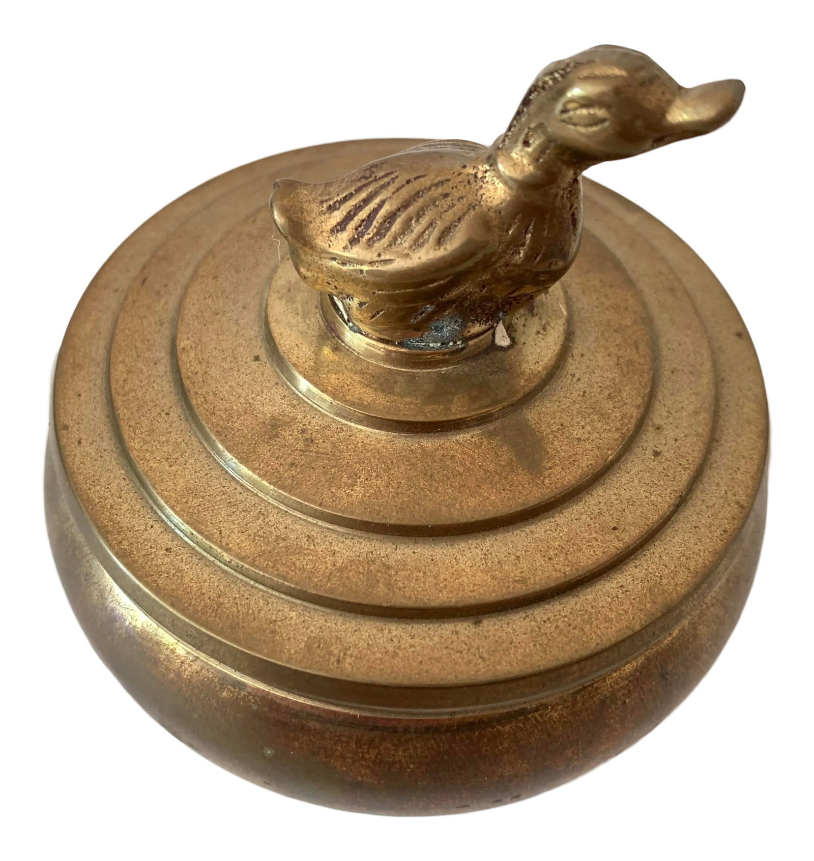 1950s Vintage Brass Trinket Box Duck: 1950's solid brass duck trinket box. No maker's mark. Minimal age wear. Condition: Alterations: Original Condition Unaltered Imperfections: Some Imperfections Condition Notes: Minimal age wear Materia