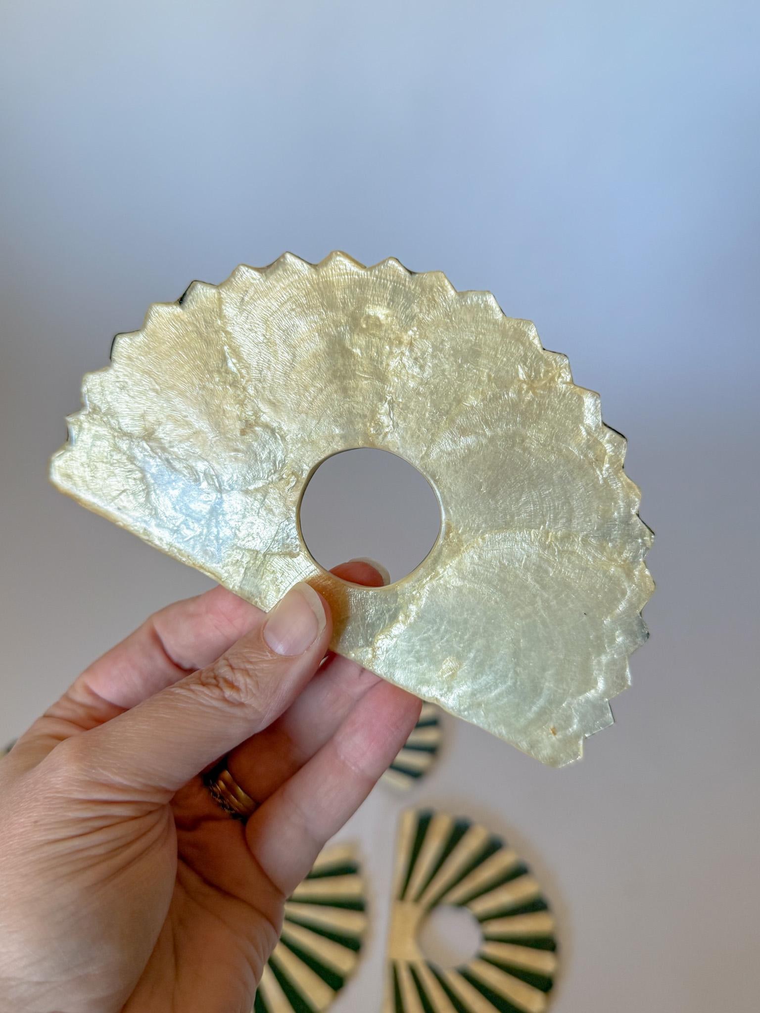 1980s Fan Shaped Capiz Shell Napkin Rings, Set of 6 - 12