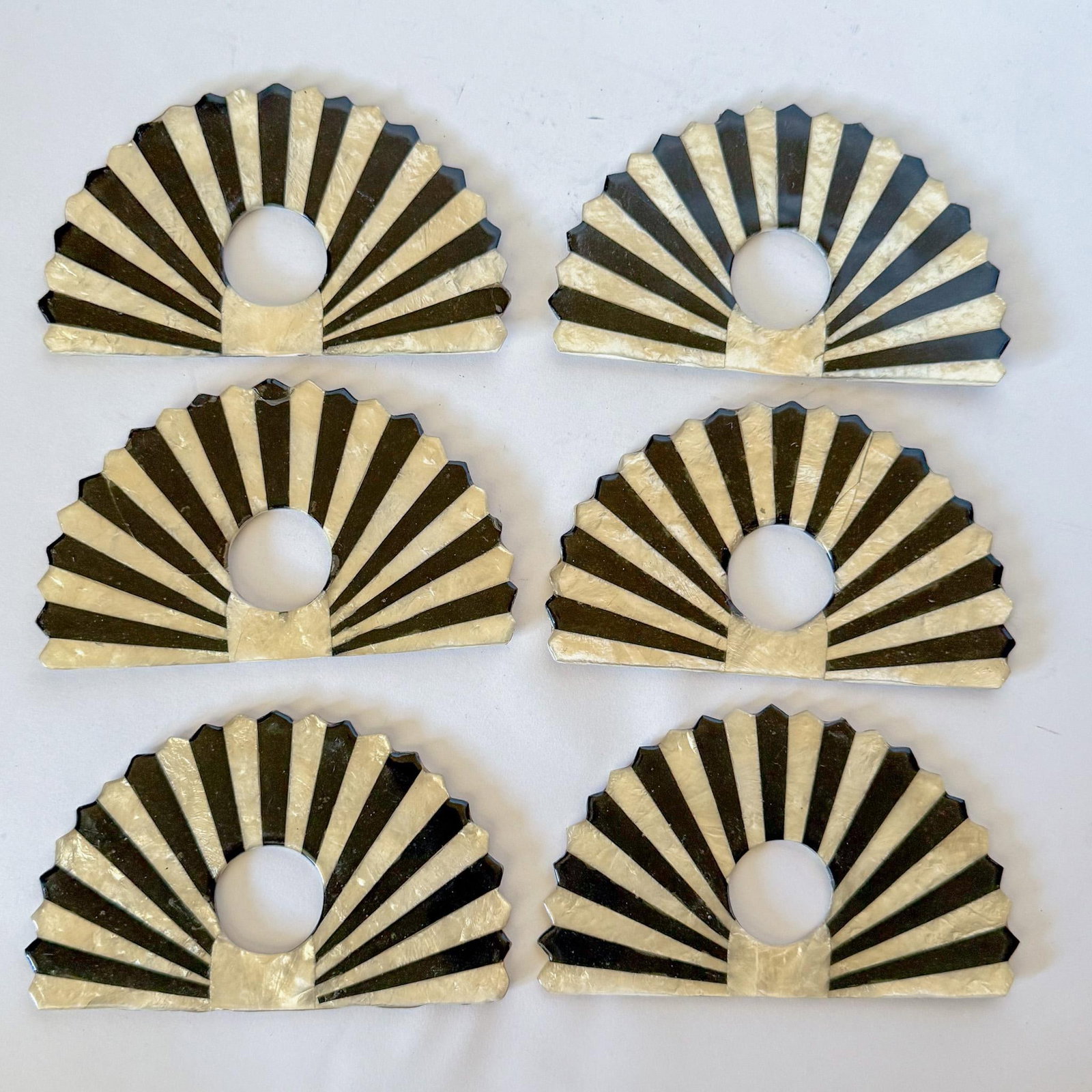 1980s Fan Shaped Capiz Shell Napkin Rings, Set of 6 - 2