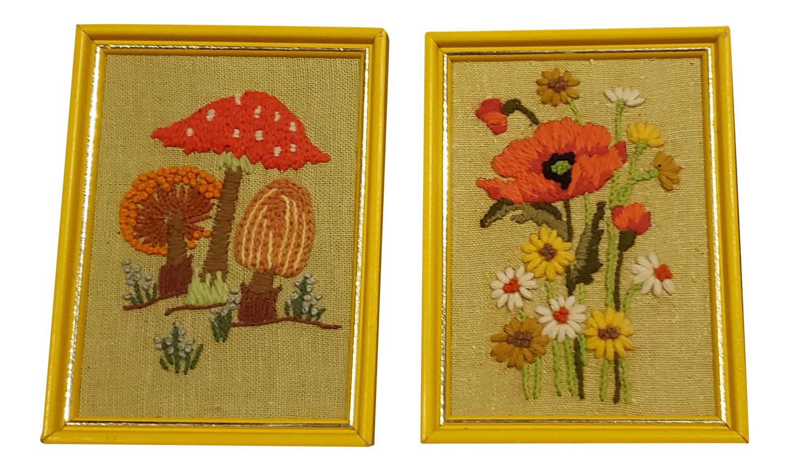Vintage Folk Art Freehand Embroidery - 2 Pieces: A pair of freehand, folk art, vintage 1960s MCM bohemian embroideries. This groovy pair of folk art embroideries are framed in matching bright yellow painted wooden frames with gold trim. There is no