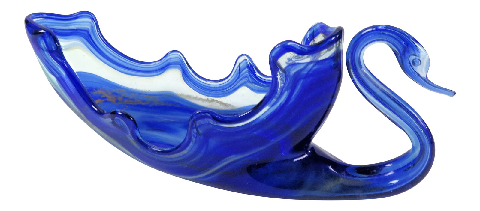 1950s Large Blue Murano Glass Swan Bowl: Blue Murano swan bowl in gradated colors of royal blue, cerulean blue, and clear glass. The graceful wings and neck of the swan and all the other glass parts are hand-blown by artisans on the island o