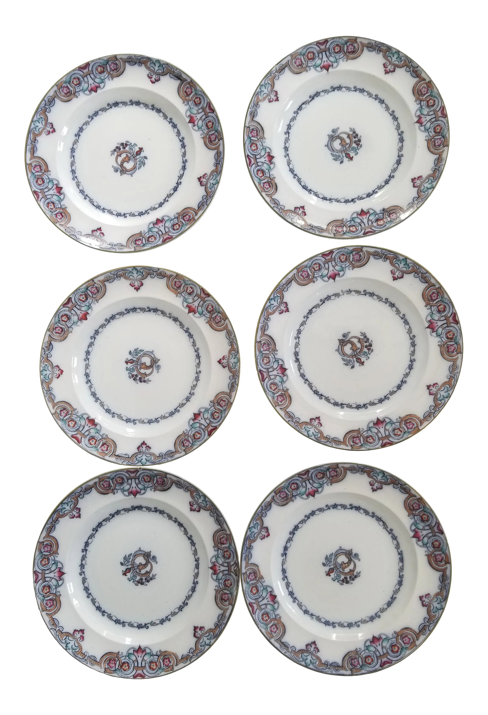 19th Century Antique Wedgwood Plates in Liffey Pattern - Set of 6: Gorgeous set of 6 plates of antique Wedgwood Pearl, presented in the Liffey pattern, each plate is presented on a crisp white, with blue undertones, and deep indigo blue scrolling leaves that fade