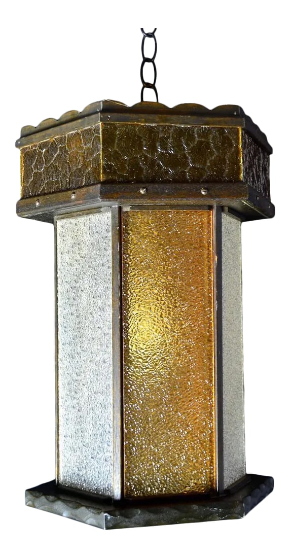 Large Mediterranean Gothic Swag Lamp: Monumental hanging swag lamp from the mid century era for any eclectic bohemian decor. Ideal in an entryway, stairwell or a high ceiling living area. Wood frame with amber gold pebbled textured acryli