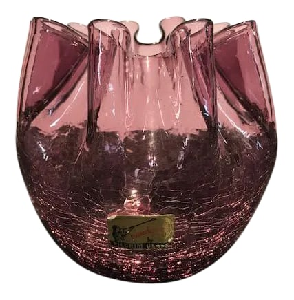 1950s Pilgrim Hand Blown Amethyst Crackle Vase: Pilgrim Glass Company Hand Blown Amethyst Crackle Glass - Ruffled / Crimped Edge Pilgrim Art Glass was founded in 1949 in West Virginia USA. The ponytail mark or punt mark on the bottom, was broken fr
