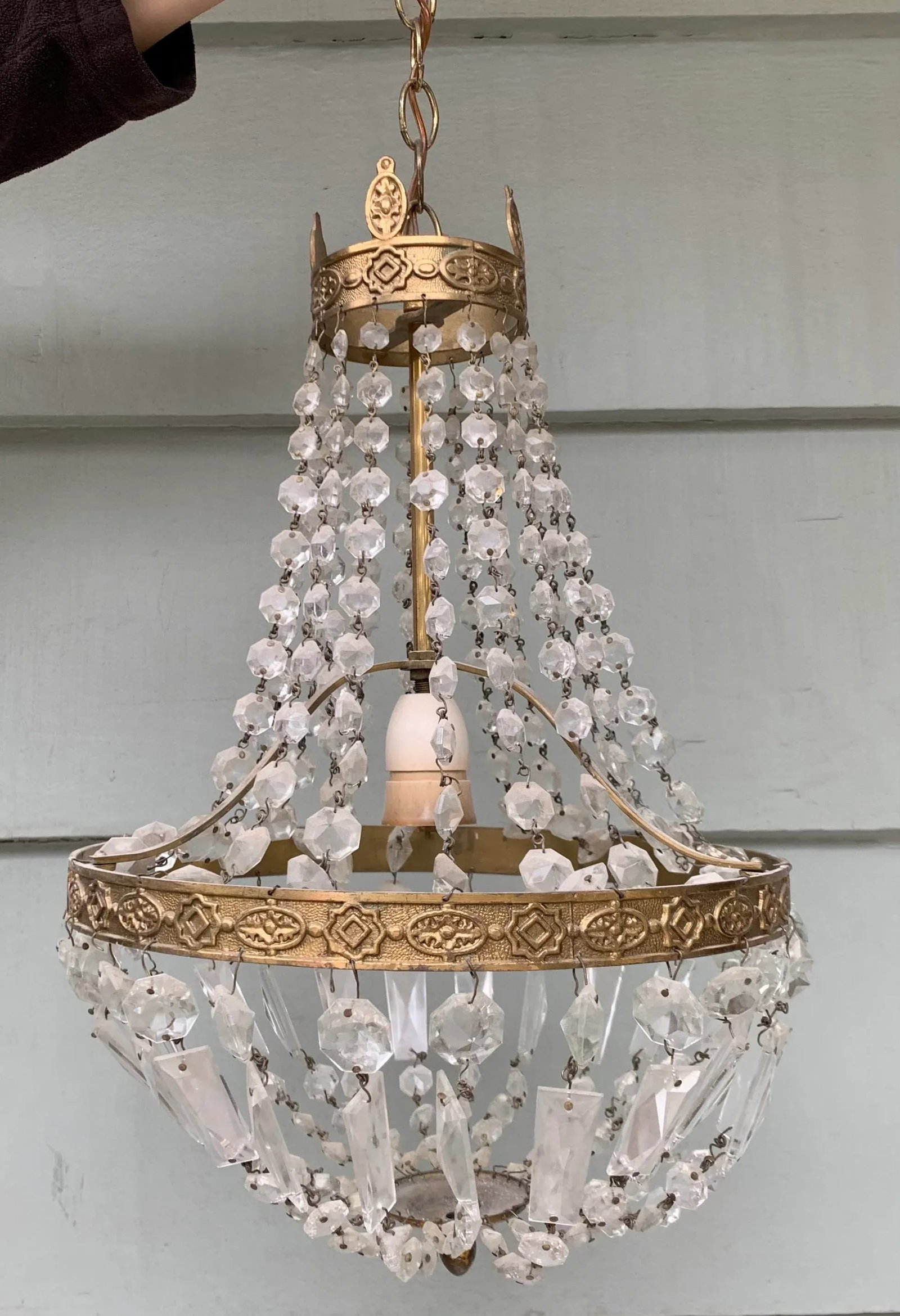 Vintage Late 20th Century Single Socket Brass Chandelier With Crystal Drops - 10