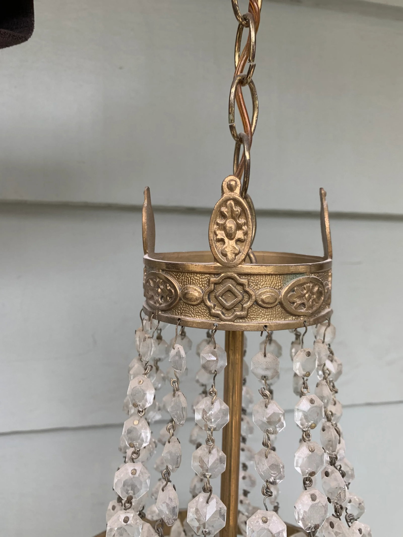 Vintage Late 20th Century Single Socket Brass Chandelier With Crystal Drops - 11