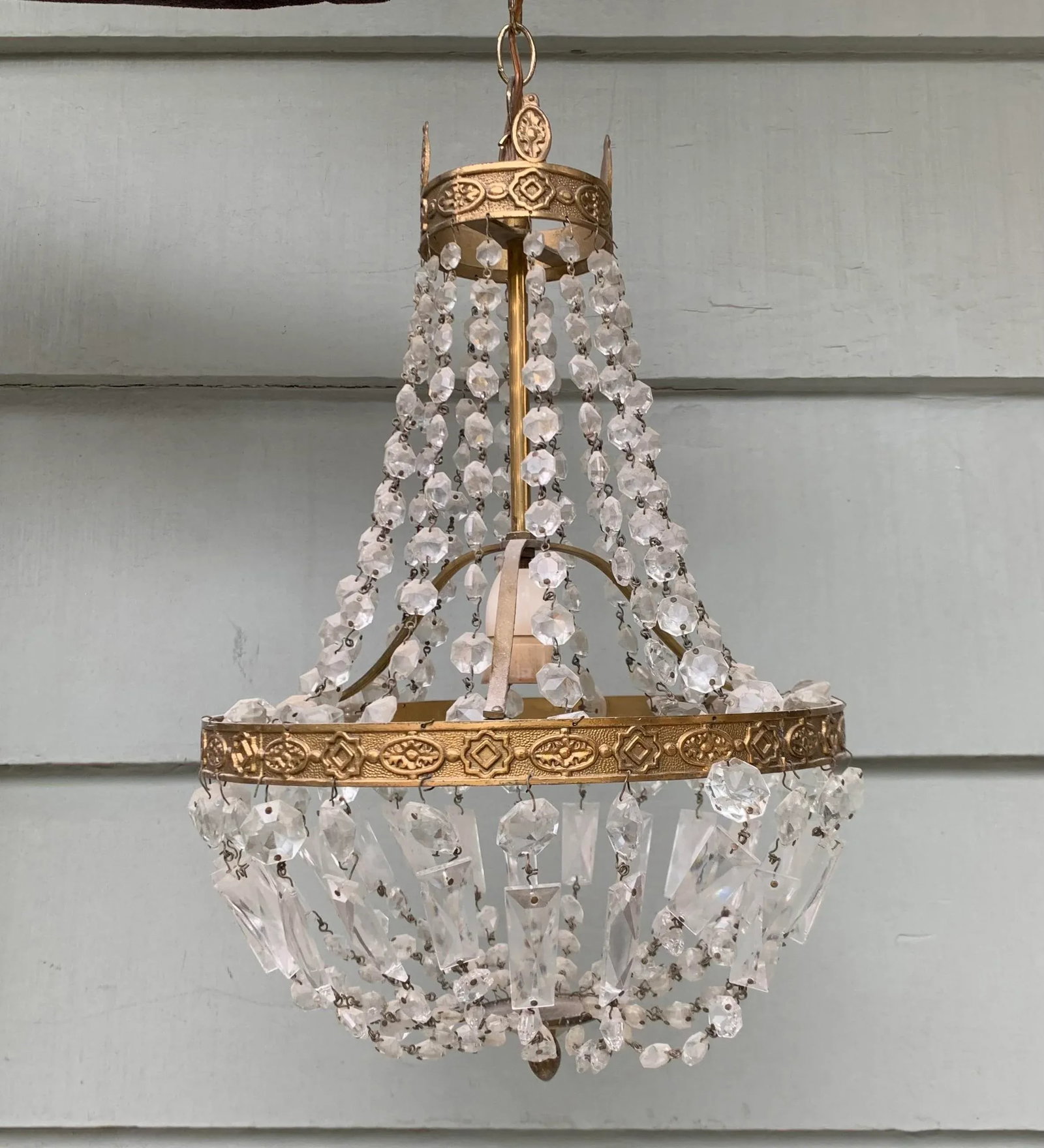 Vintage Late 20th Century Single Socket Brass Chandelier With Crystal Drops - 13