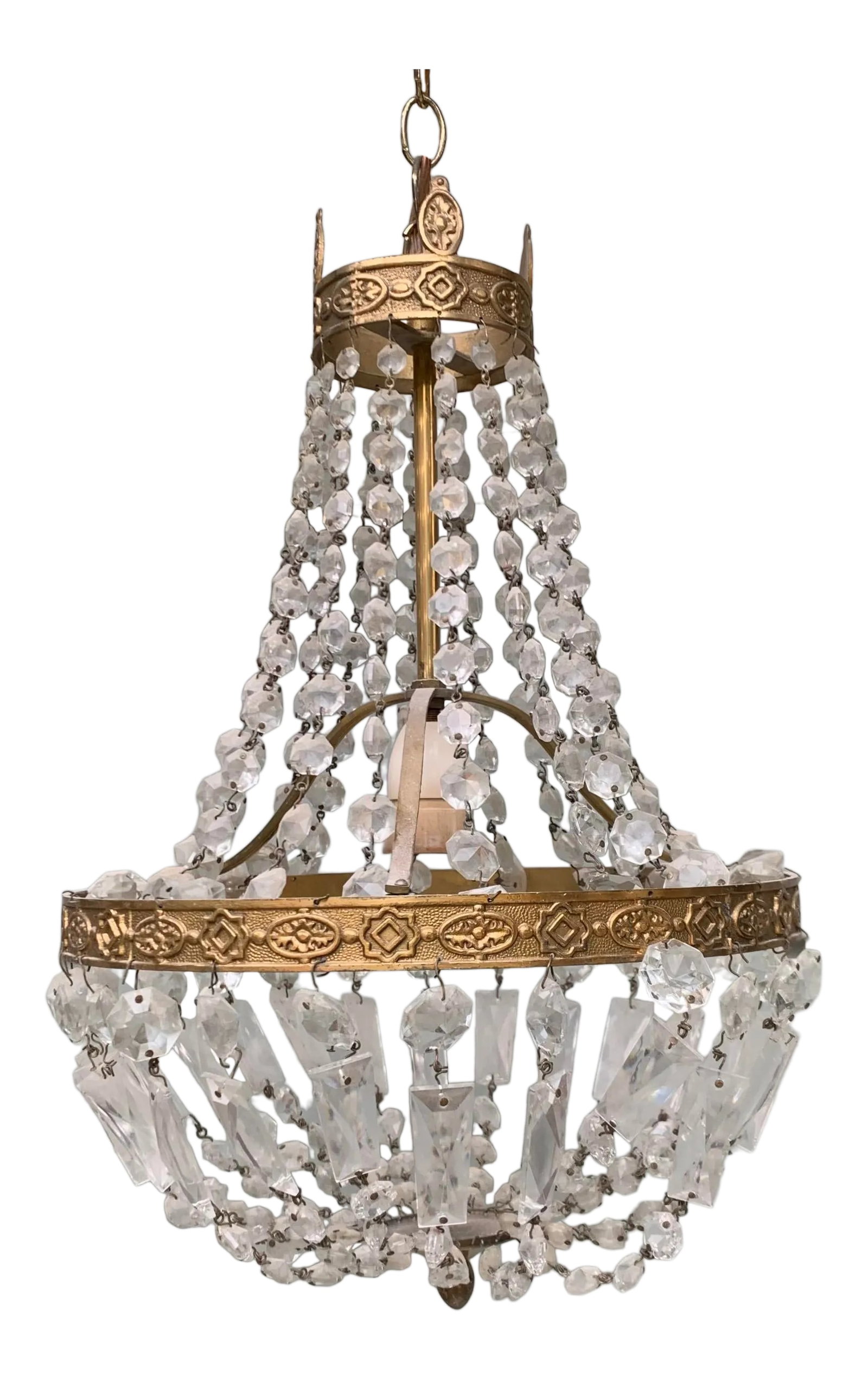 Vintage Late 20th Century Single Socket Brass Chandelier With Crystal Drops: Vintage Single Socket Brass Chandelier With Crystal Drops. Formally hung in the Southern California estate used in the 1980s hit TV show "Dynasty" Condition: Alterations: Original Condition Unaltered 