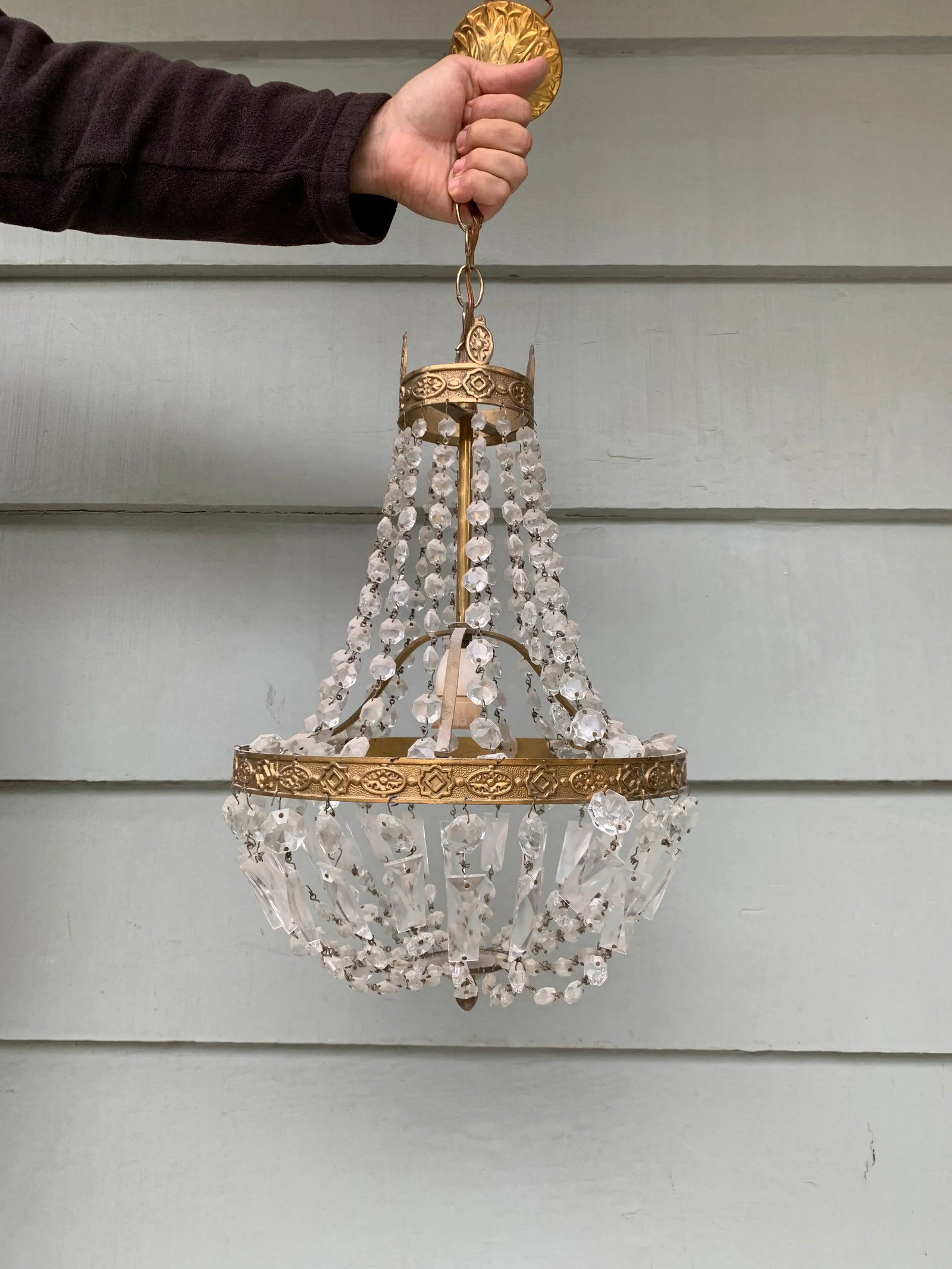 Vintage Late 20th Century Single Socket Brass Chandelier With Crystal Drops - 2