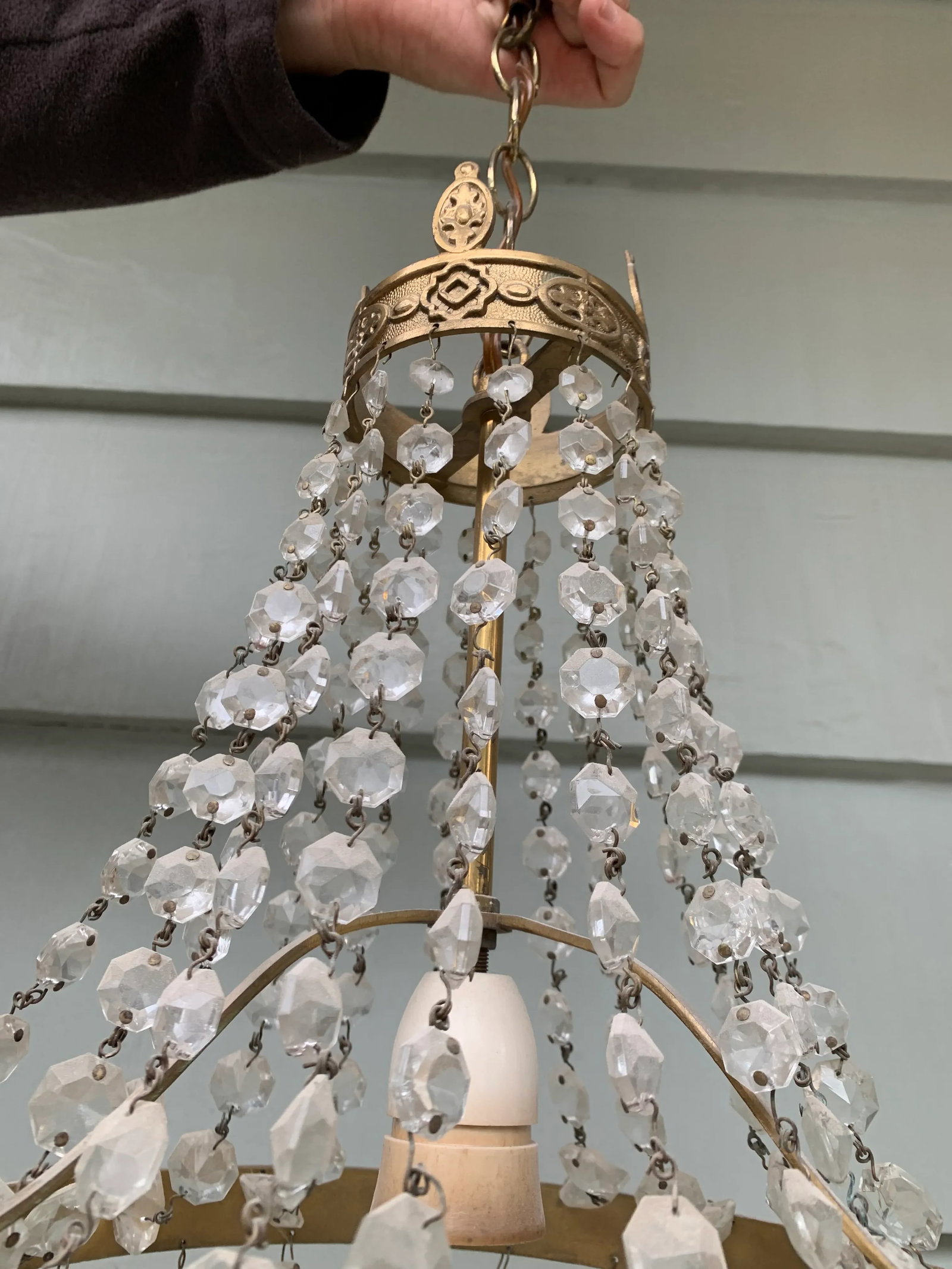 Vintage Late 20th Century Single Socket Brass Chandelier With Crystal Drops - 3