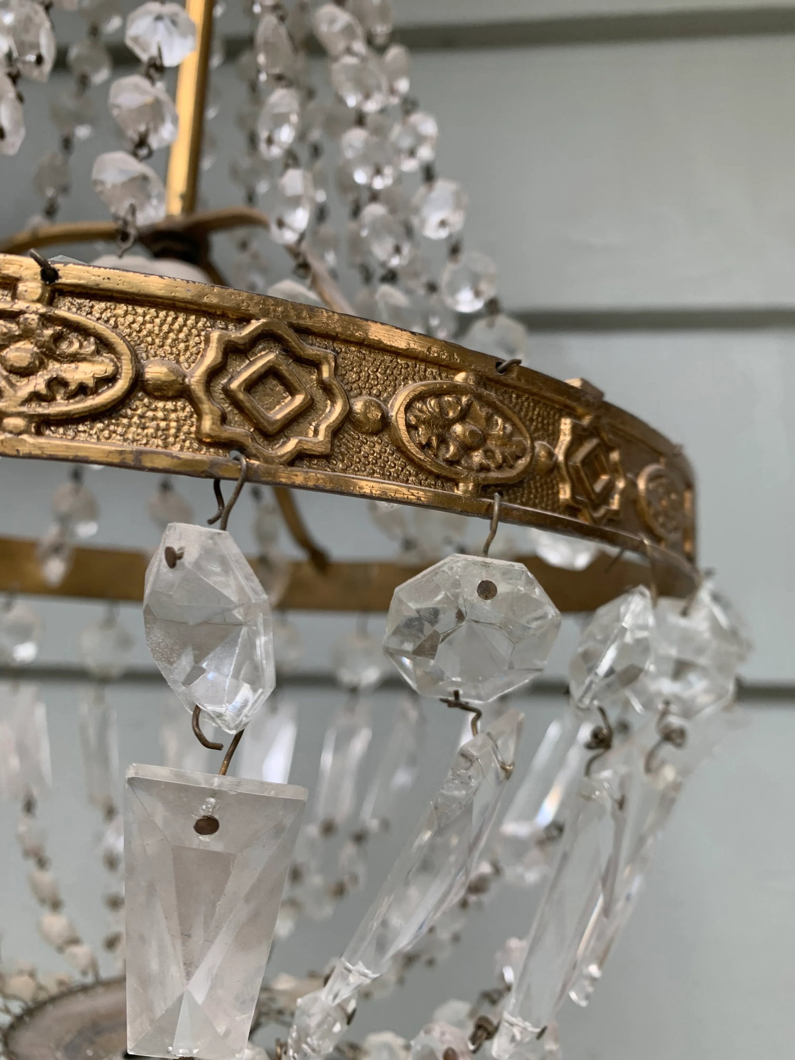 Vintage Late 20th Century Single Socket Brass Chandelier With Crystal Drops - 4