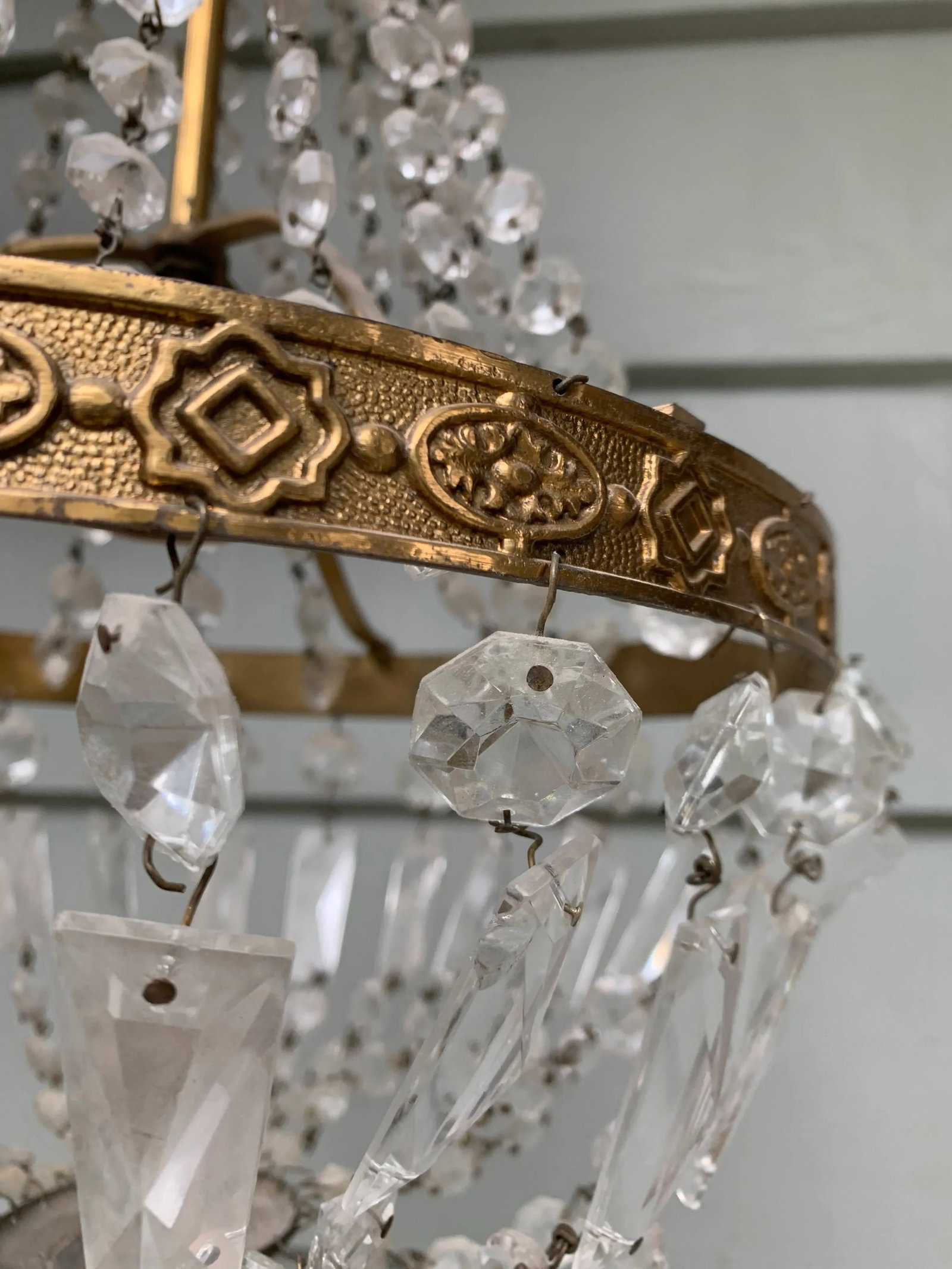 Vintage Late 20th Century Single Socket Brass Chandelier With Crystal Drops - 5
