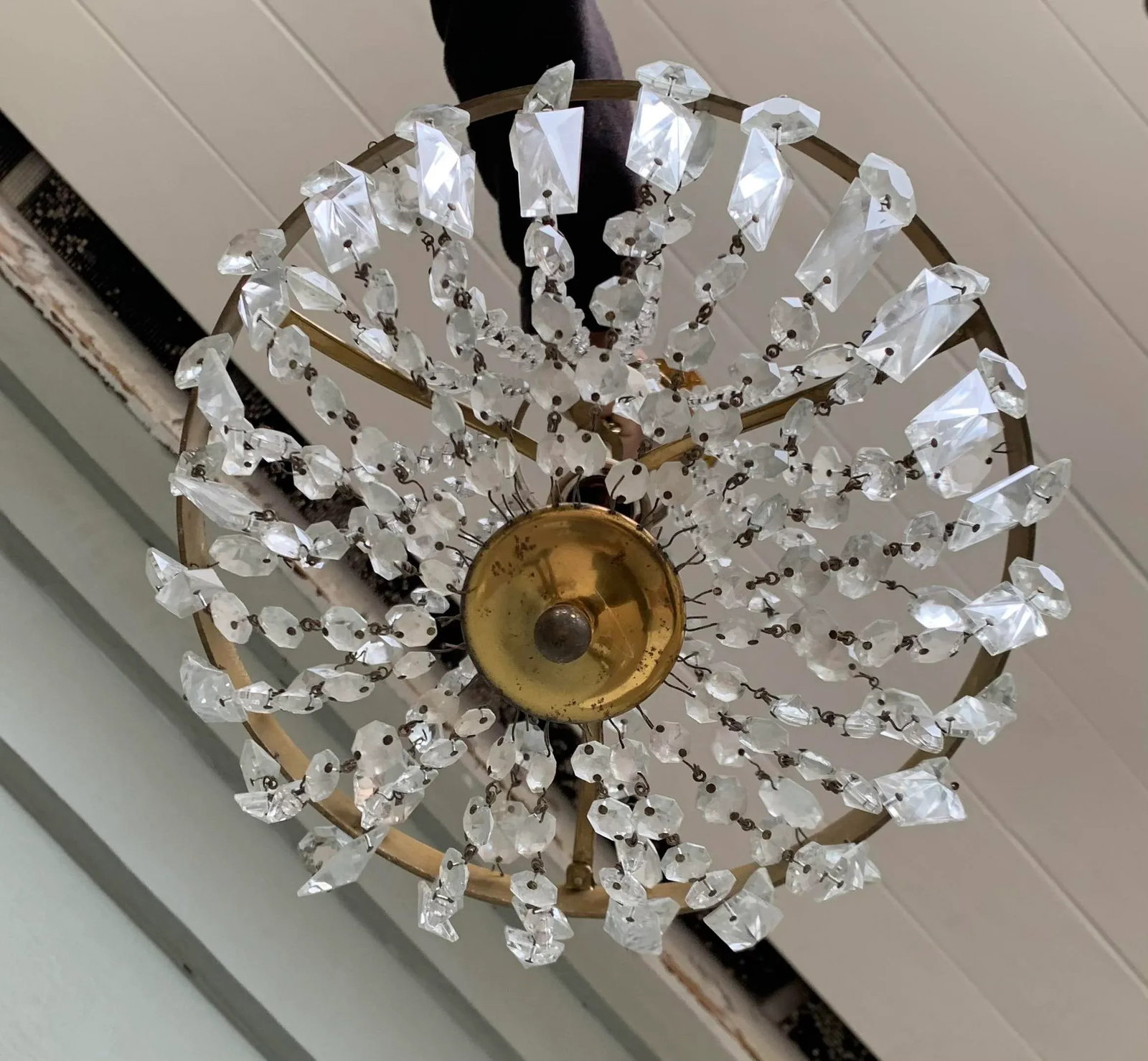 Vintage Late 20th Century Single Socket Brass Chandelier With Crystal Drops - 7