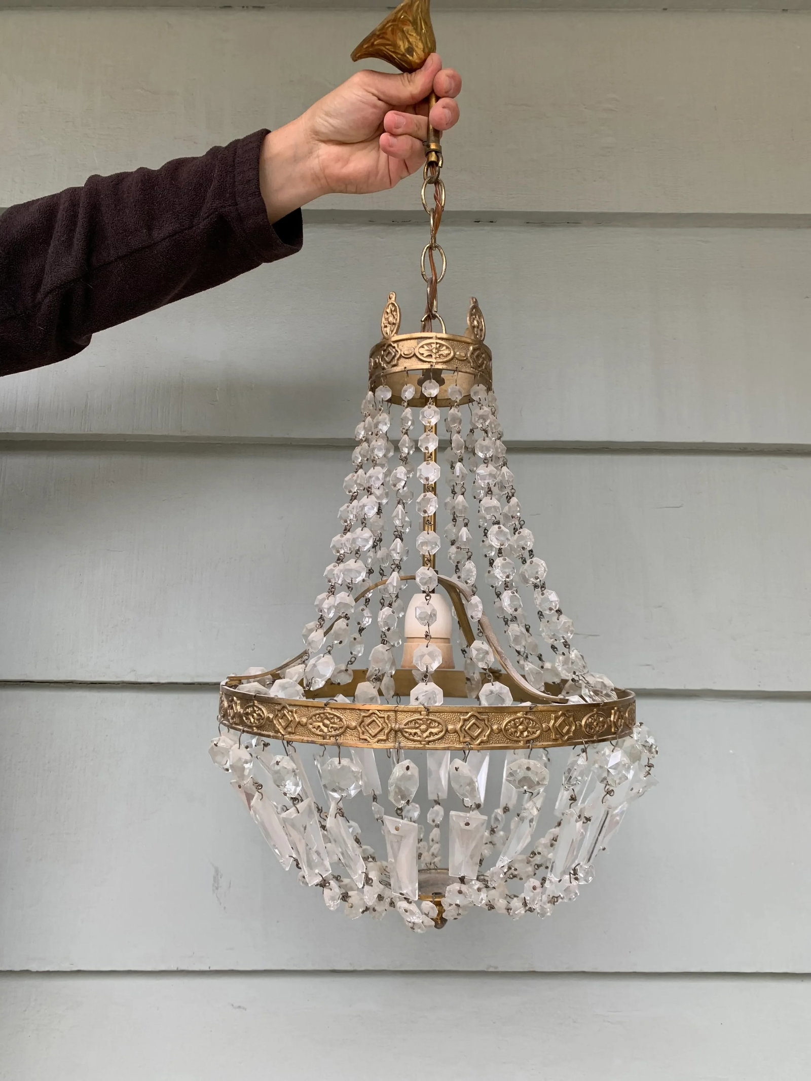 Vintage Late 20th Century Single Socket Brass Chandelier With Crystal Drops - 9