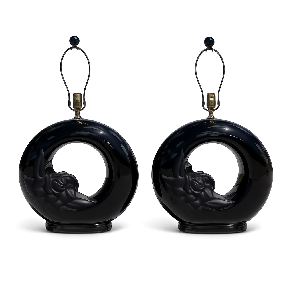 Cylindrical Gloss Matte Black Floral Table Lamps - a Pair: Beautiful pair of vintage table lamps. Large black cylindrical lamps, in a gloss black porcelain finish, with matte black flowers. Very unique and elegant looking. 28h 18w 6d Condition: Alterations: