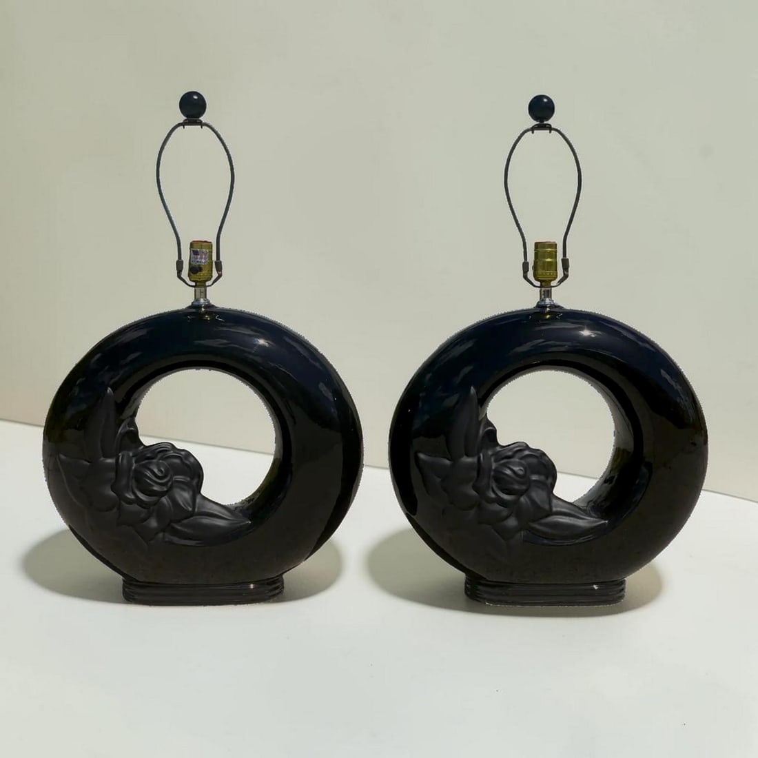 Cylindrical Gloss Matte Black Floral Table Lamps - a Pair - 2