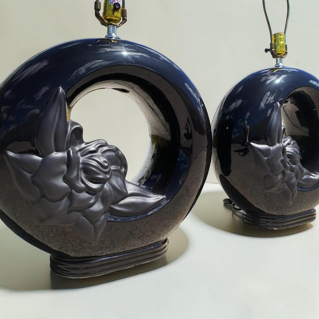 Cylindrical Gloss Matte Black Floral Table Lamps - a Pair - 3