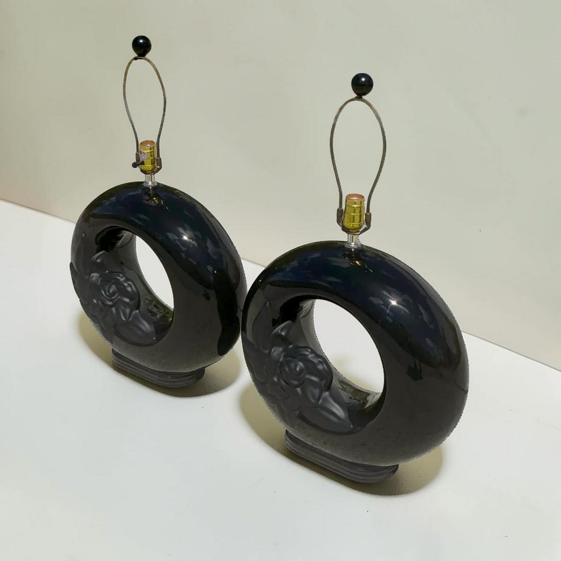 Cylindrical Gloss Matte Black Floral Table Lamps - a Pair - 6