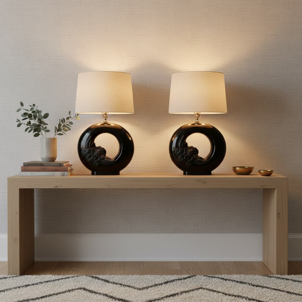 Cylindrical Gloss Matte Black Floral Table Lamps - a Pair - 7