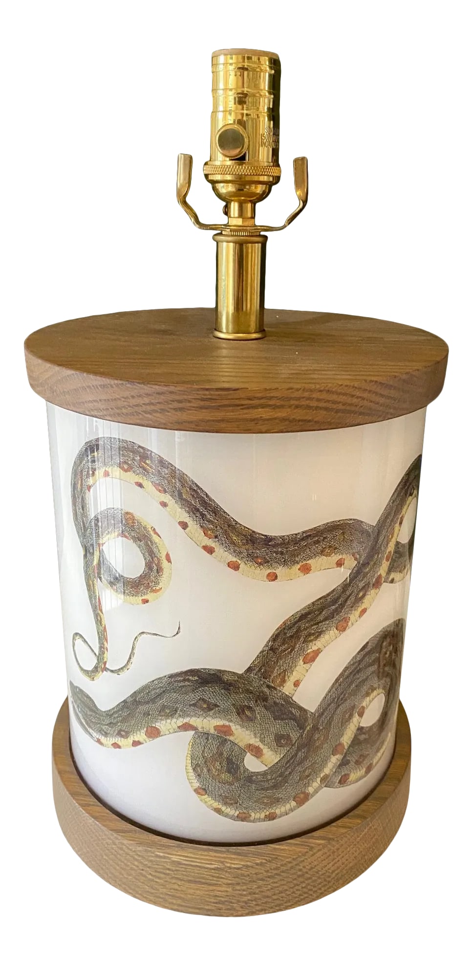 Liz Marsh Serpent Lamp With Oak Base and Cap: Sinewy serpent in grays and terra-cotta add an earthy vibe which compliments the oak base and cap with a gray tint. Short squatty size suits this snake perfectly. Polished brass dimmer socket and